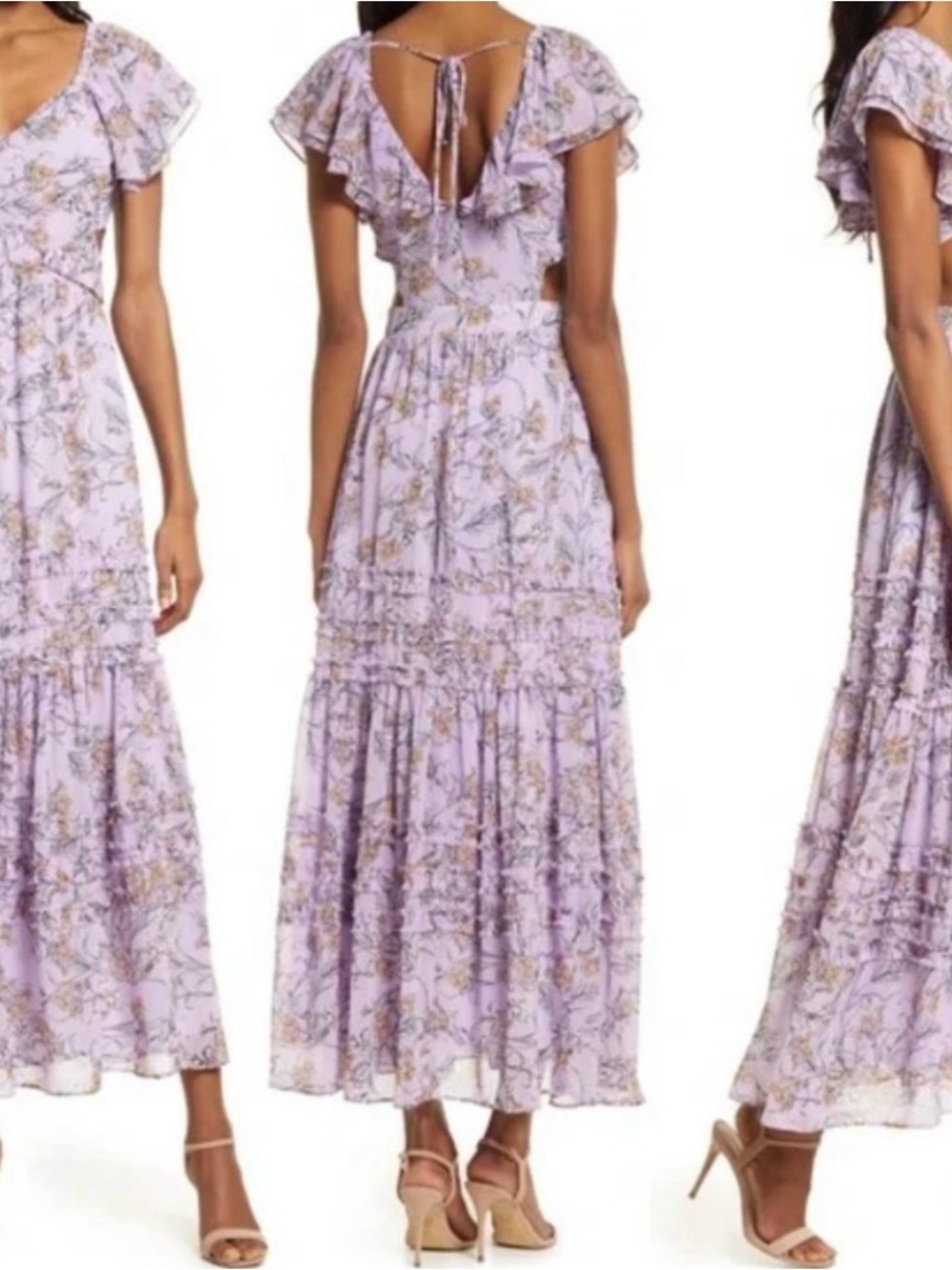 Chelsea 28 Lavender Floral Maxi Dress with Ruffle Sleeves and Side Cutouts